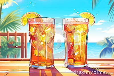 two glasses ice tea on wooden on the beach table Cartoon Illustration