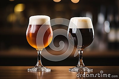 Two glasses with light and dark craft foamy beer. Generative AI Stock Photo