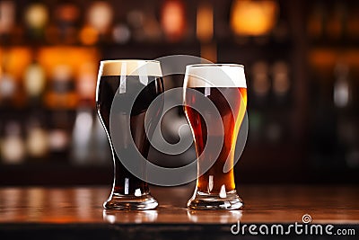 Two glasses with light and dark craft foamy beer. Generative AI Stock Photo
