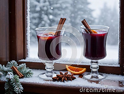 Two Glasses Of Mulled With Cinnamon And Orange Juice. Generative AI Stock Photo