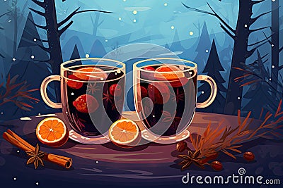 two glasses mulled wine on winter background AI generated Cartoon Illustration
