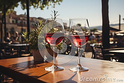 Two glasses of red wine in a restaurant overlooking beautiful mediterranean landscape on sunset. Drinking wine, evening lights, Stock Photo