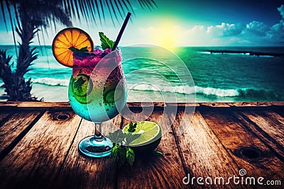 Two glasses with refreshing fruity cocktails in a relaxing sunset on a tropical beach. Ai generated Stock Photo