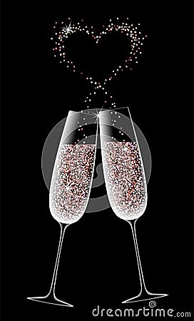 Two glasses of sparkling champagne on a black background. Cartoon Illustration