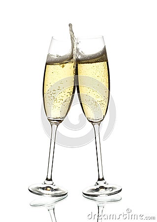 Two glasses of sparkling wine clinking Stock Photo