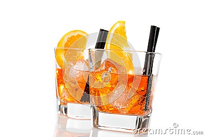 Two glasses of spritz aperitif aperol cocktail with orange slices and ice cubes Stock Photo