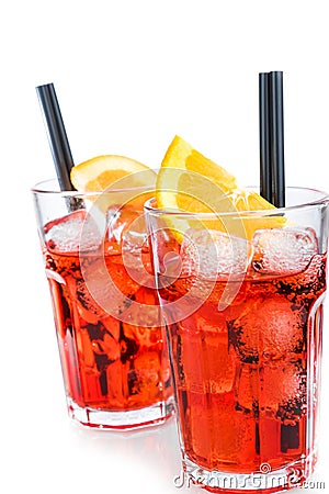 Two glasses of spritz aperitif aperol cocktail with orange slices and ice cubes isolated on white Stock Photo