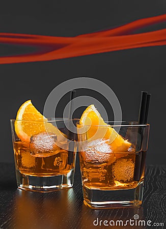 Two glasses of spritz aperitif aperol cocktail with orange slices and ice cubes Stock Photo