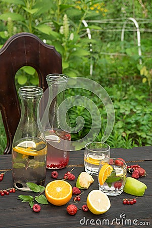 Two glasses and two bottles with drink of mint and berries Stock Photo