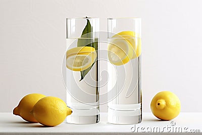Two glasses of water and yellow lemon slices and green leaves in the water and three lemons on the white table Stock Photo