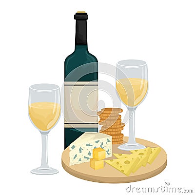 Two glasses of white wine, cheese platter on a wooden Board with crackers? bottle of wine. Maasdam, Gouda, Roquefort Vector Illustration