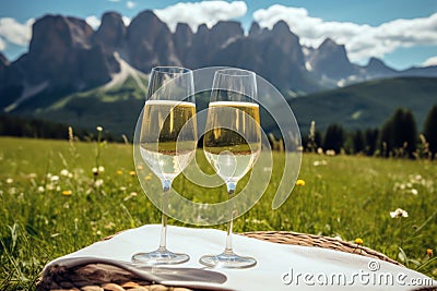 Two glasses of white wine on a picnic blanket, overlooking beautiful mountain landscape. Drinking wine, sunny day in Alps Stock Photo