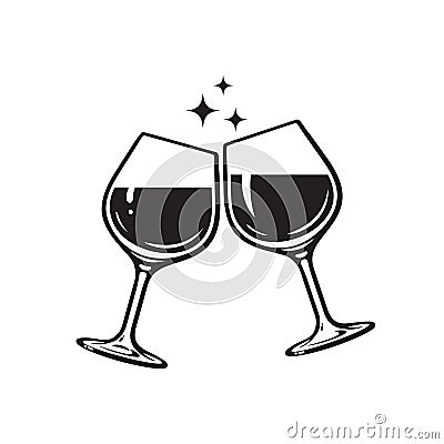 Two glasses of wine. Cheers with wineglasses. Clink glasses icon. Vector illustration on white background. Vector Illustration