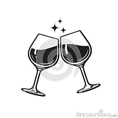 Two glasses of wine. Cheers with wineglasses. Clink glasses icon. Vector illustration on white background. Vector Illustration