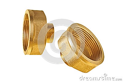 Two glossy brass fittings golden color with thread for connecting different diameter pipeline for oil, petrol, gas Stock Photo
