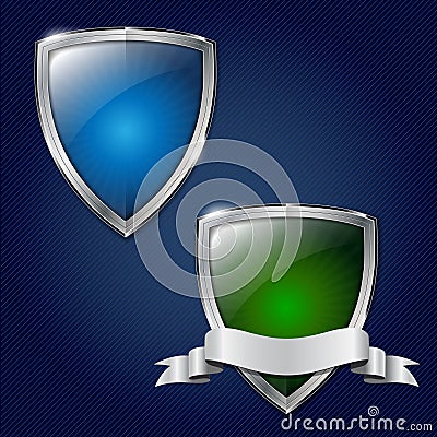 Two glossy security metal shields with place for your text Cartoon Illustration