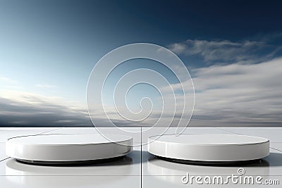 Two glossy white cylindrical platforms for product demonstration on sky background Stock Photo