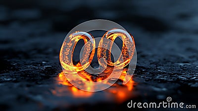 Two Glowing Rings with Encrypted Binary Code on a Dark Wet Surface, Futuristic Technology Concept Stock Photo
