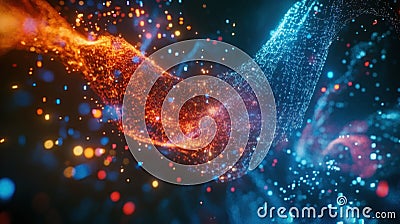 Two glowing waves merging, creating colorful bokeh effect in digital world Stock Photo