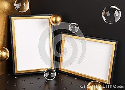 Two Gold Frames Elegant Mock Up Poster Template On Corner Room. Glass Golden Bubbles 3D Rendering. Black Background Stock Photo