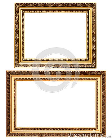 Two gold plated wooden picture frames isolated Stock Photo