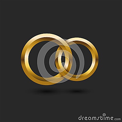 Two gold wedding rings 3d in the shape of infinity on a black background wedding card mockup, intertwining of two circles with Vector Illustration