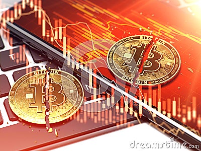 Two golden bitcoin coins laying on smartphone screen with red diagrams overlay. Bitcoin price decline concept. 3D rendering Stock Photo