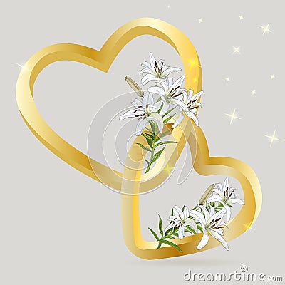 Two golden hearts alternate with bouquets of lily flowers Vector Illustration
