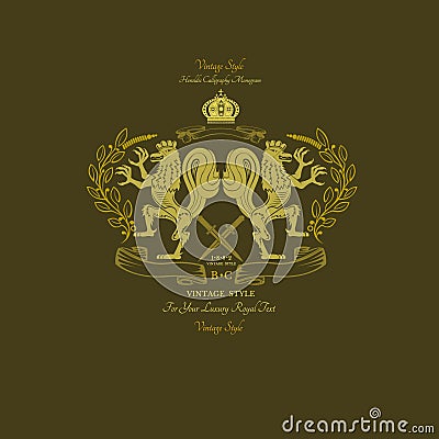 Two golden lion in center of wreath. Royal yellow monogram Vector Illustration