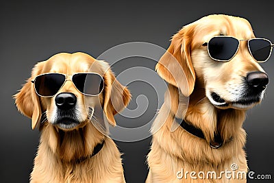 two golden retriever dogs wearing sunglasses, father and son Stock Photo