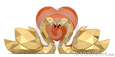 Two golden swans and heart isolated on white background. 3D illustration Cartoon Illustration