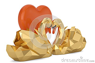 Two golden swans and heart isolated on white background. 3D illustration Cartoon Illustration