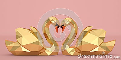 Two golden swans on pink background. 3D illustration Cartoon Illustration