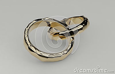 Two golden wedding rings intersected together isolated on white background, voronoi style. Symbol for marriage, love Stock Photo