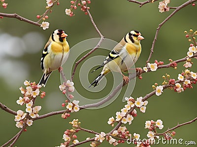 Two goldfinch on a branch of sakura with pink flowers Stock Photo