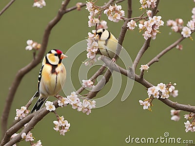 Two goldfinch on a branch of sakura with pink flowers. Stock Photo