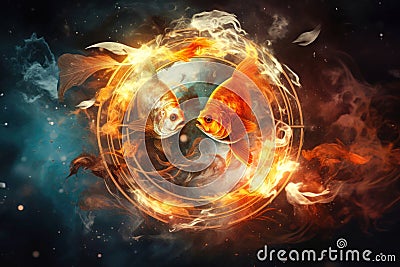 Two goldfish swimming inside a ring of fire Stock Photo