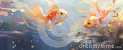 two goldfish swimming under a pond with water falling Stock Photo