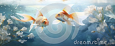 two goldfish swimming under a pond with water falling Stock Photo