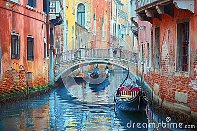 Two gondolas gently float in the calm waters of Venice, creating a tranquil and picturesque scene, A colorful Venetian canal with Stock Photo