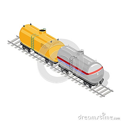 Two goods or freight wagons yellow and grey are on rail-track. Railway vehicles. Vector Illustration