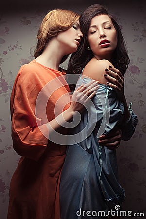 Two gorgeous girlfriends making love Stock Photo