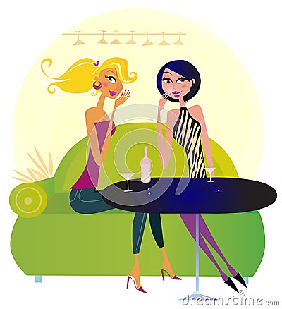 Two gossip women in night club Vector Illustration