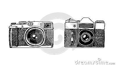 Two graphic vintage film cameras on white background Stock Photo