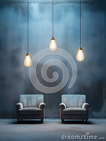 Two gray armchairs and glowing pendant light bulbs in a spacious empty room with textured concrete wall. Generative AI Stock Photo