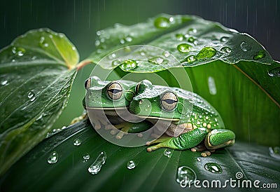 Two green frogs on laves of plant during rainy seas.illustration. Ai generative Cartoon Illustration