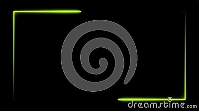 Two green neon lines moving and constituting rectangle frame over the screen border on black background. Abstract Stock Photo
