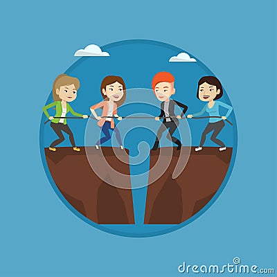 Two groups of business people pulling rope. Vector Illustration