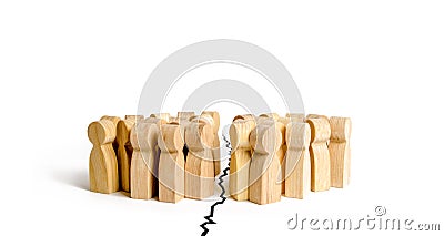 Two groups of people are separated by a crack. The concept of contention and quarrel, misunderstanding and enmity. Symbol of civil Stock Photo