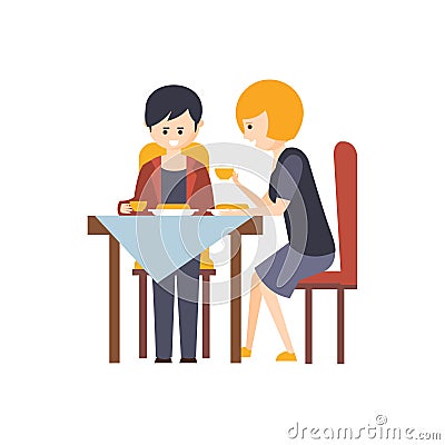 Two Guests Having Lunch At Restaurant Hotel Themed Primitive Cartoon Illustration Vector Illustration